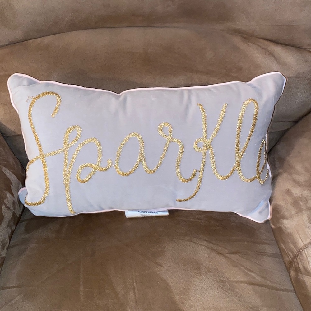 “Sparkle” pillow with gold glitter letters